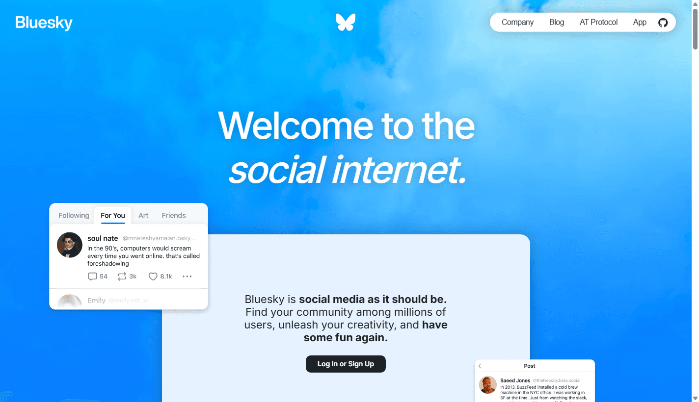 Bluesky homepage screenshot showing the Welcome to the social internet headline, navigation links, log in or sign up button, and example post cards.