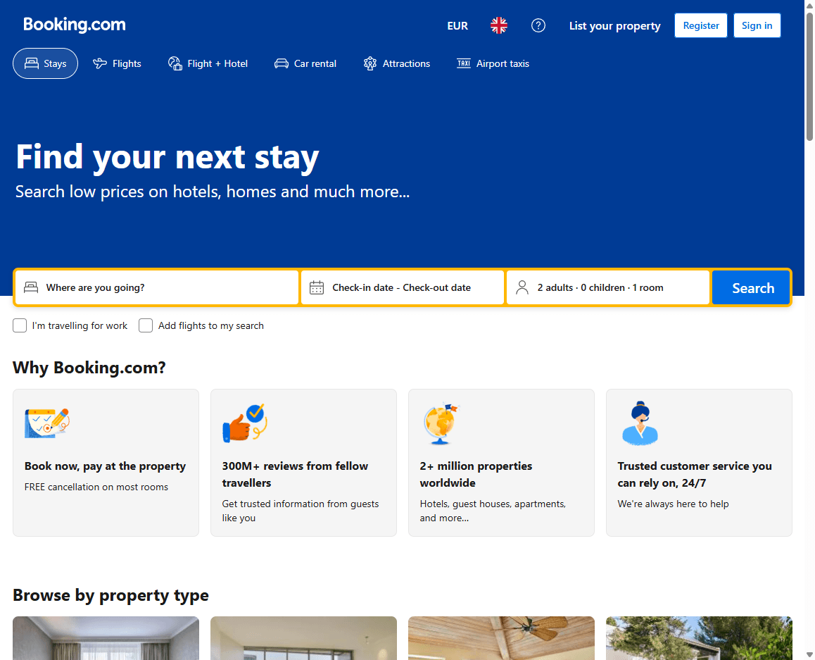 Booking.com homepage screenshot showing the travel booking search form, destination field, date selector, and accommodation options.