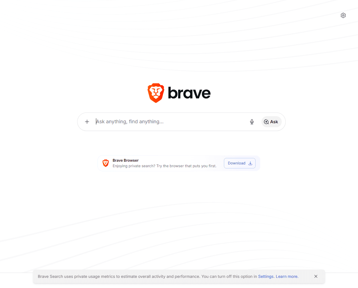 Brave Search homepage screenshot showing the Brave Search logo, search box, and privacy search interface.