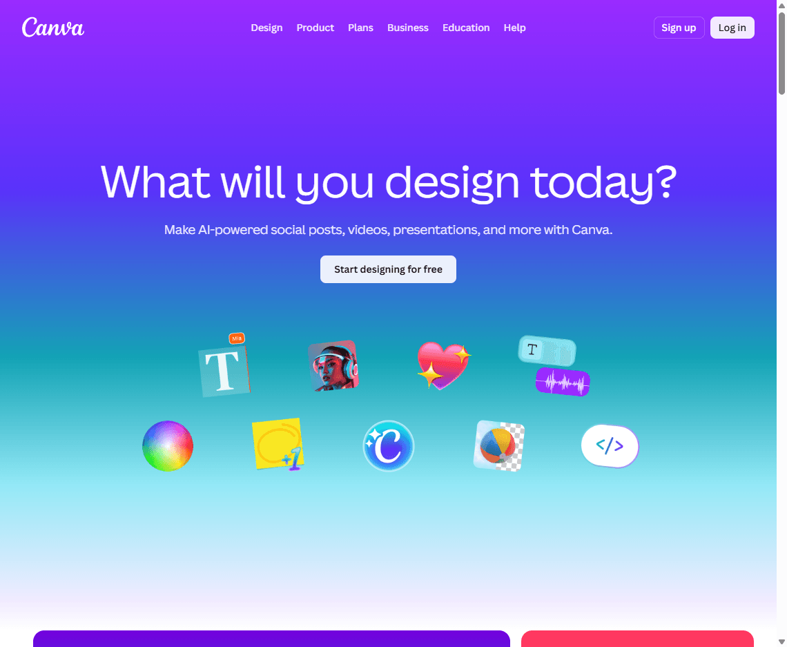 Canva homepage screenshot showing the design platform hero, navigation, and creation prompts.