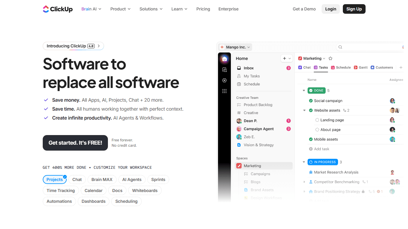 ClickUp homepage screenshot of the official website interface