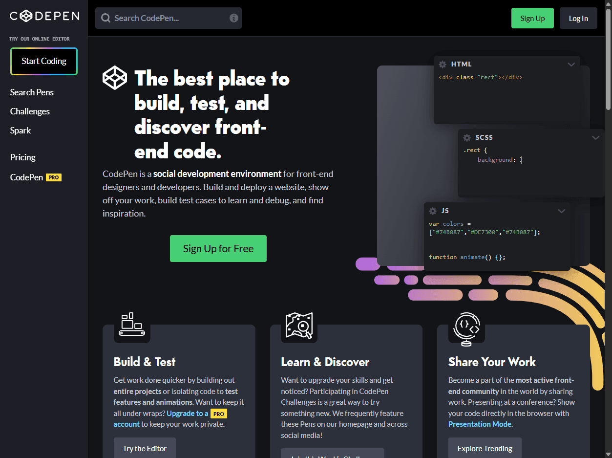 CodePen homepage screenshot showing an online code editor and front-end development community for HTML, CSS, JavaScript, and demos.