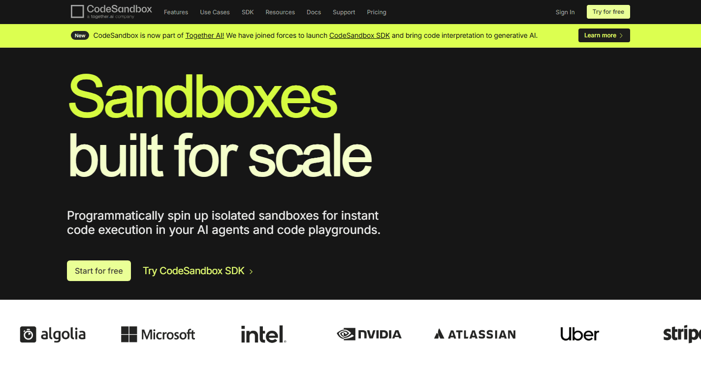 CodeSandbox homepage screenshot showing the Sandboxes built for scale headline, CodeSandbox SDK call to action, and developer platform navigation.