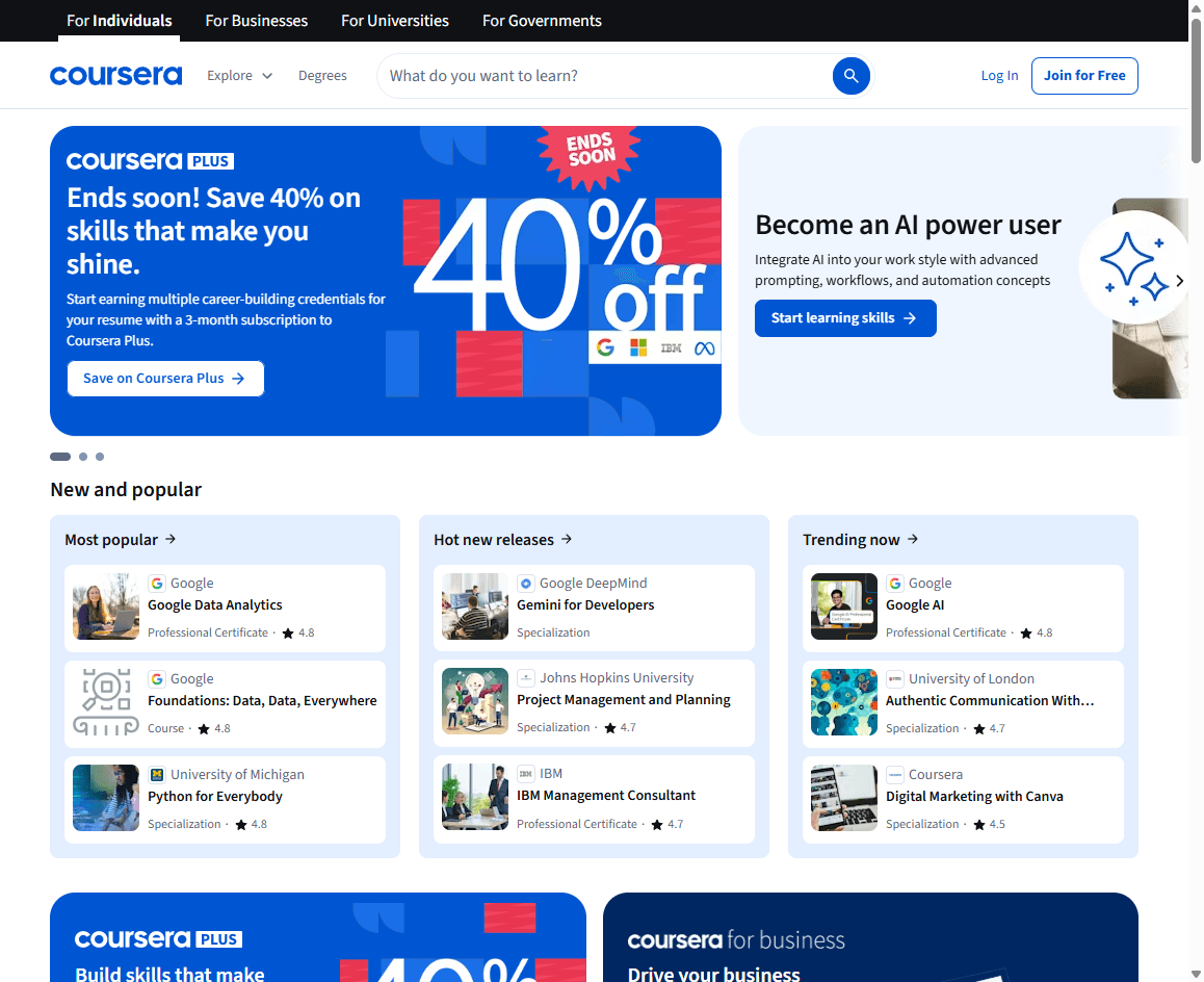 Coursera homepage screenshot showing online learning navigation, course search, and career learning message.