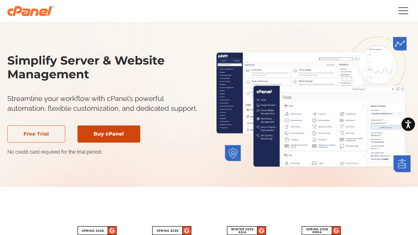 cPanel homepage screenshot of the official website interface
