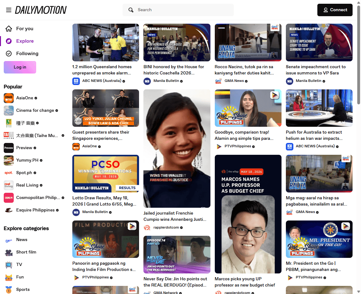 Dailymotion homepage screenshot showing the video platform interface, navigation, and featured videos.