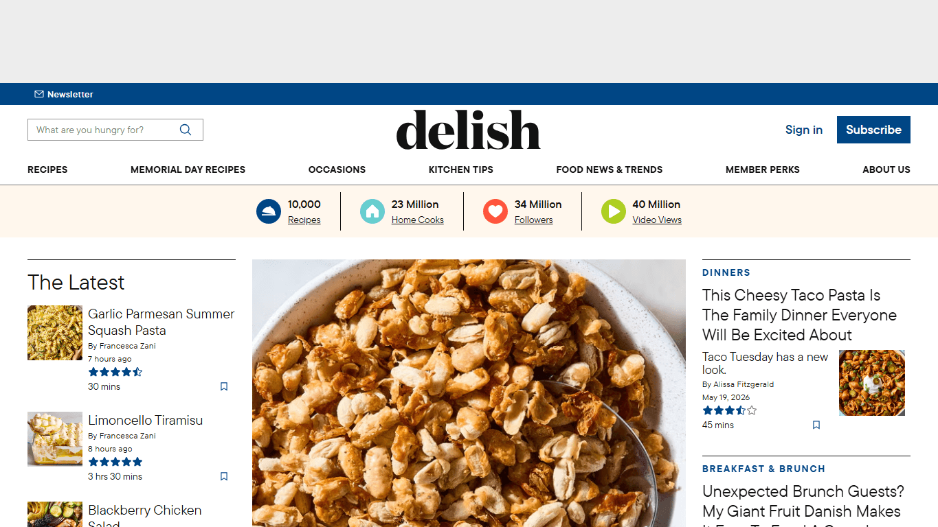 Delish homepage screenshot of the official website interface