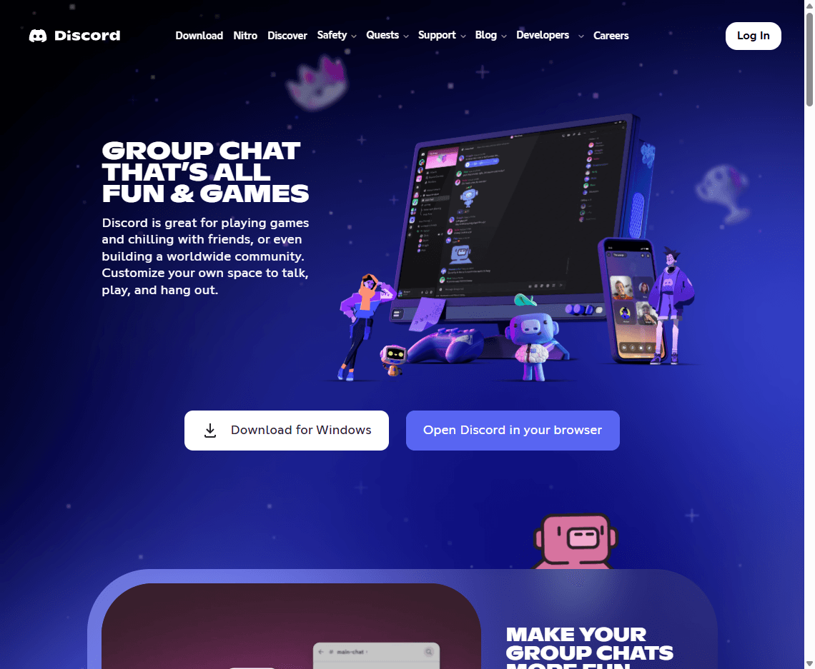 Discord homepage screenshot showing the communication platform hero, login controls, and community messaging.