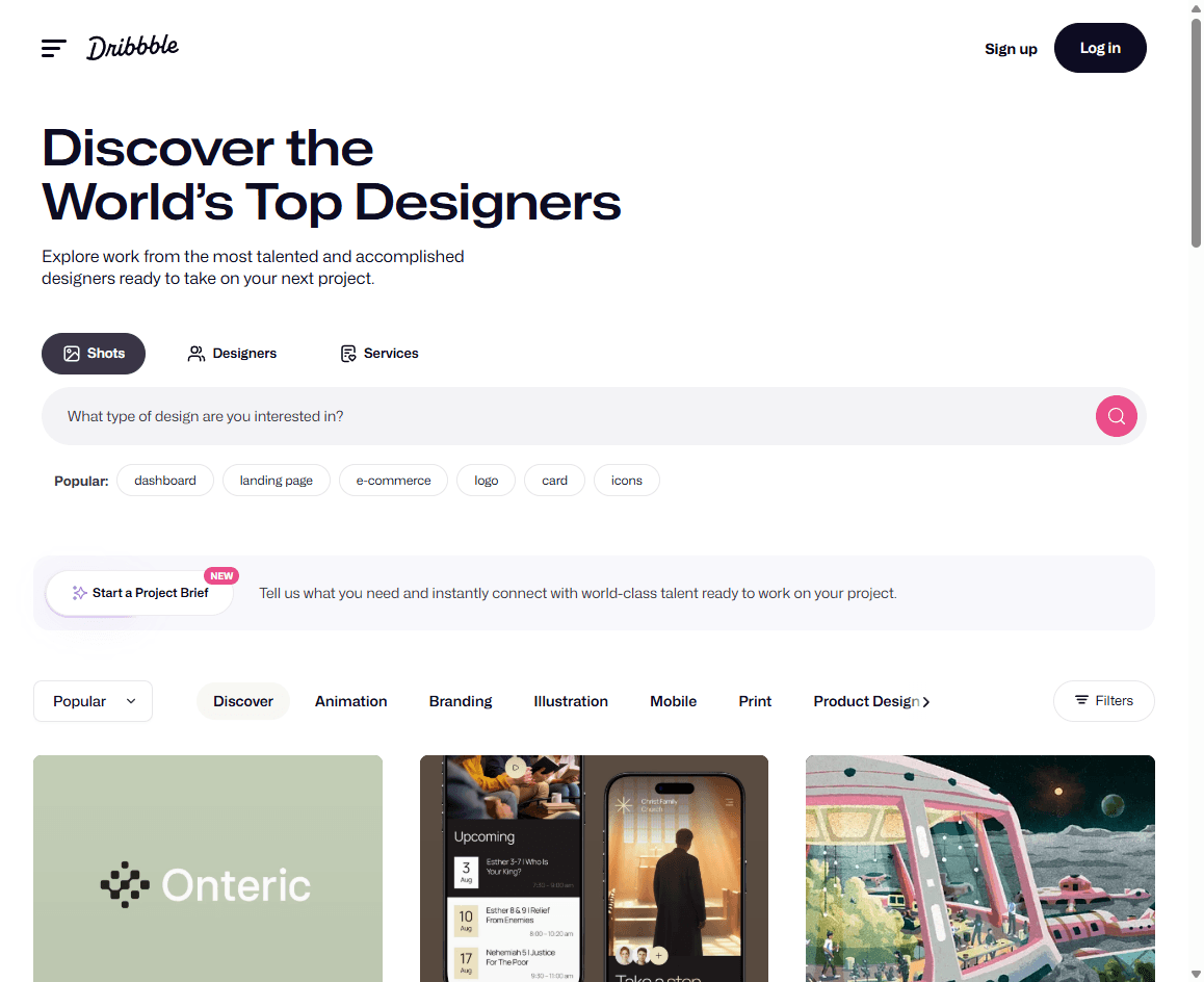 Dribbble homepage screenshot showing the design community, search, navigation, and creative work grid.