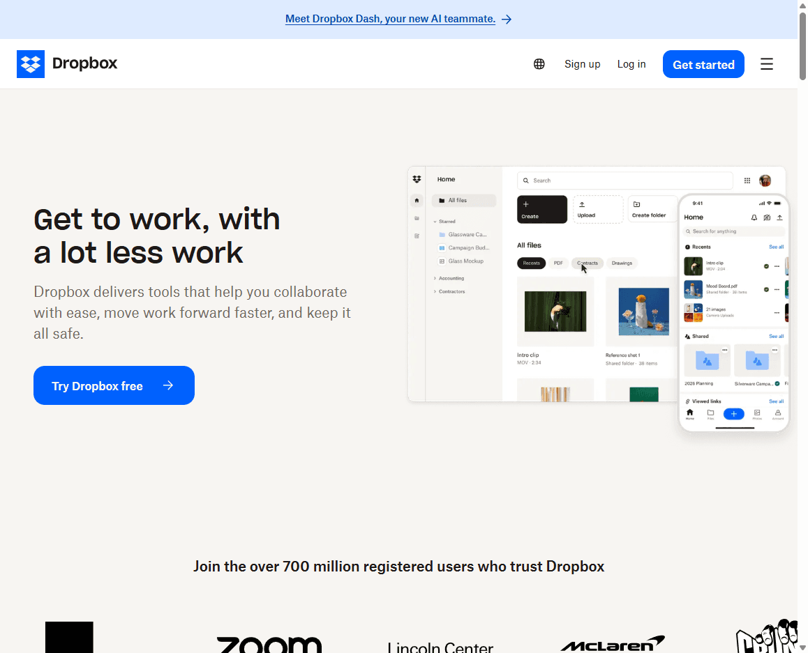 Dropbox homepage screenshot showing the cloud storage platform hero, navigation, and sign-up controls.