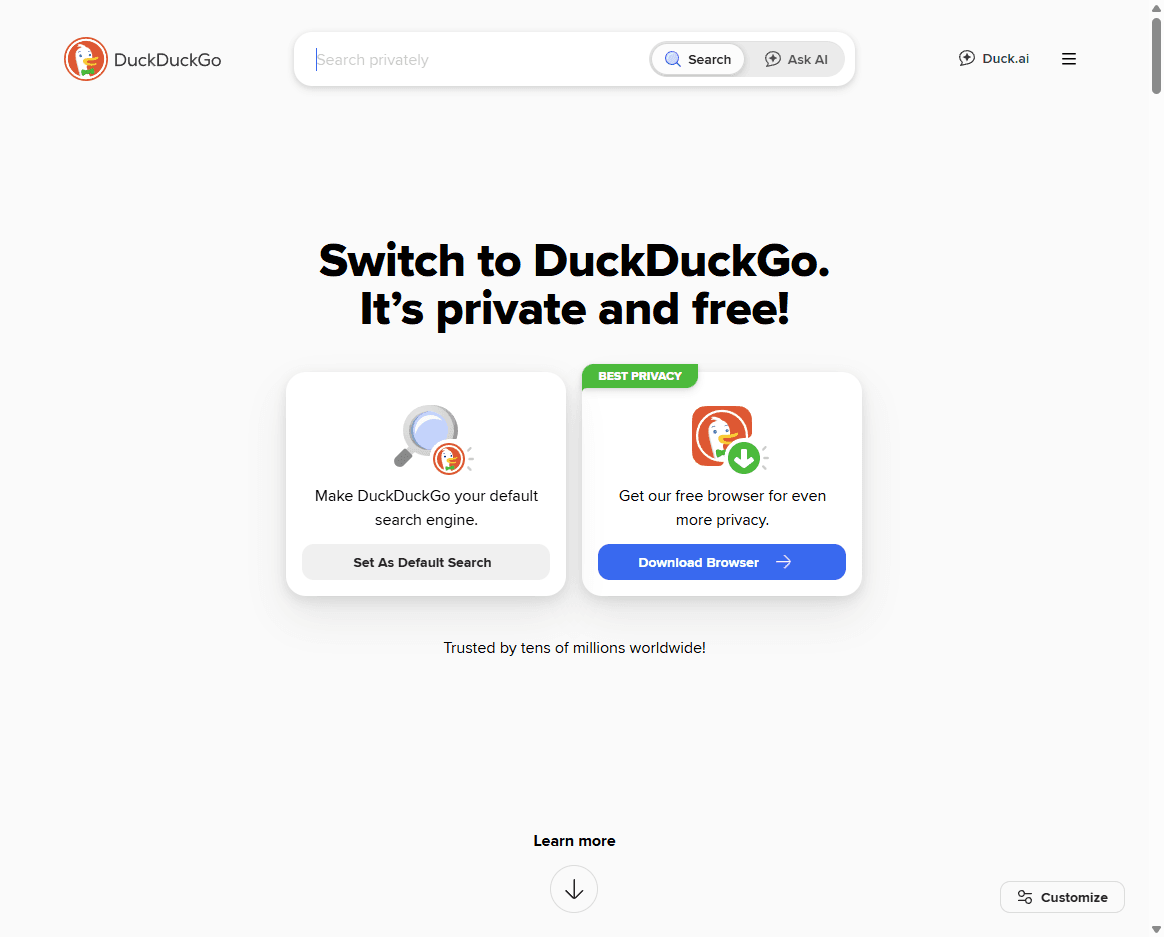 DuckDuckGo homepage screenshot showing the privacy search box, duck logo, and simple search interface.