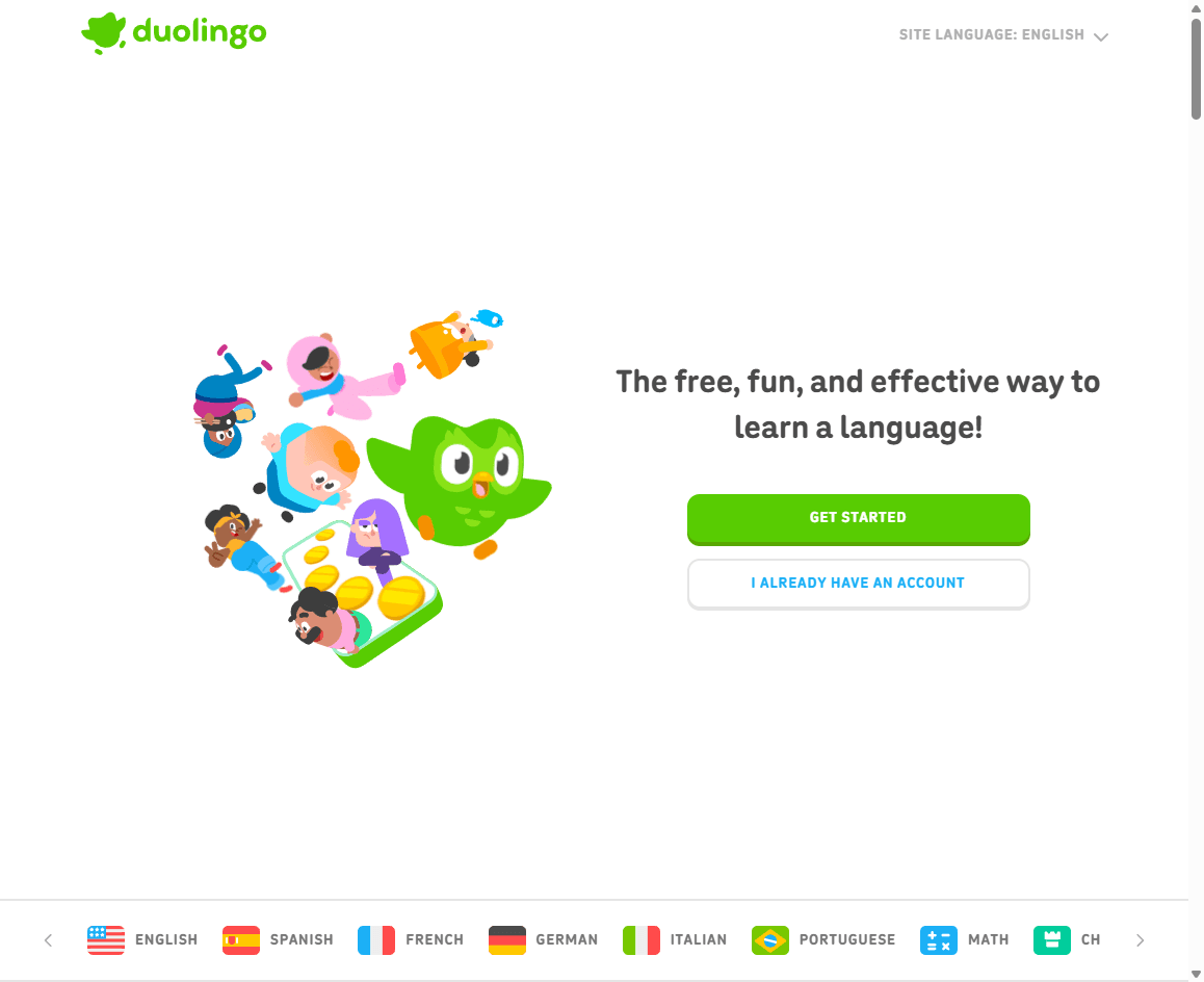 Duolingo homepage screenshot showing the language learning app hero, mascot, and lesson start controls.