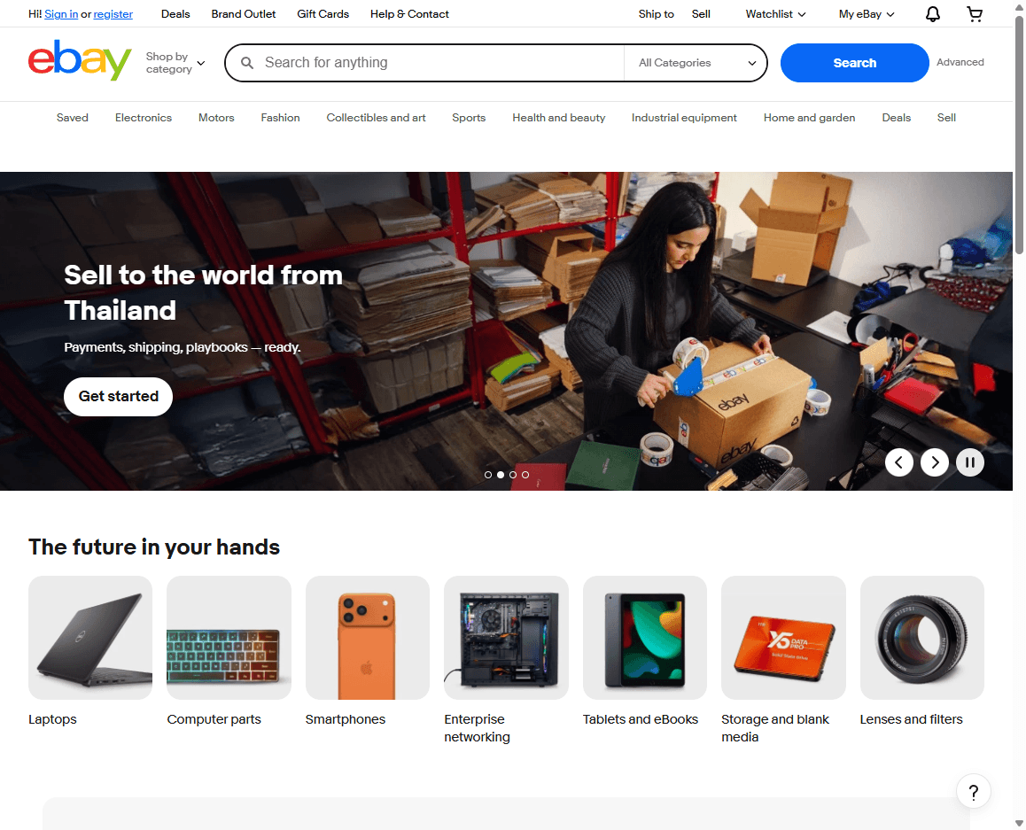eBay homepage screenshot showing the marketplace search bar, category navigation, and shopping promotions.
