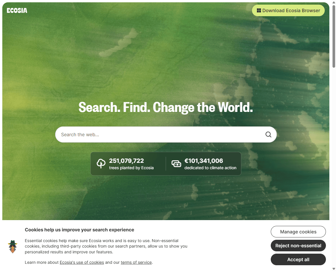 Ecosia homepage screenshot showing the Ecosia logo, search box, and climate-focused search message.