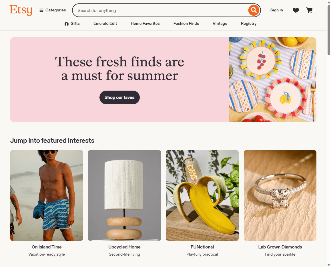 Etsy homepage screenshot showing the handmade marketplace search bar, category navigation, and product tiles.