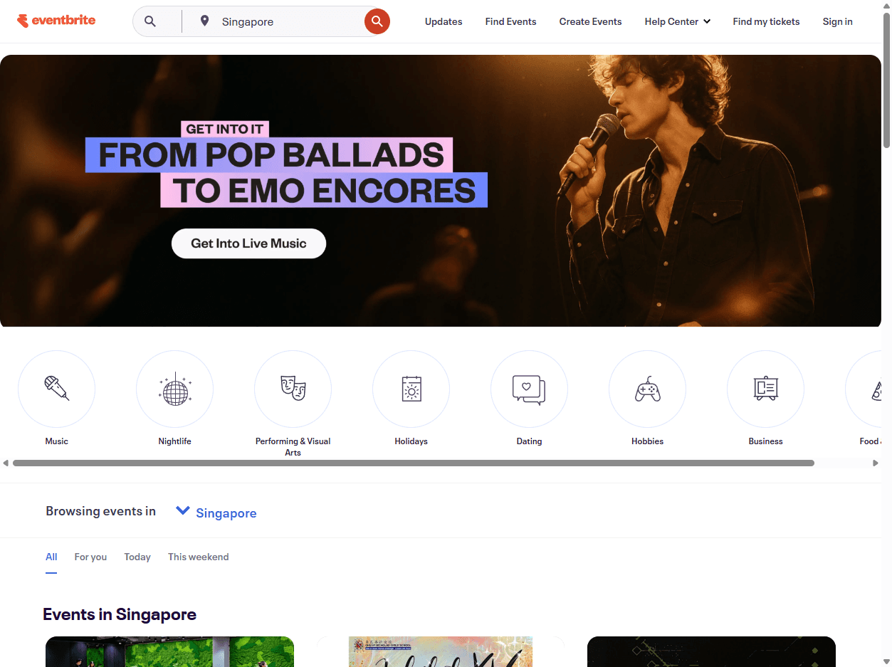 Eventbrite homepage screenshot showing event discovery, ticketing, and organizer tools for concerts, classes, festivals, and local experiences.