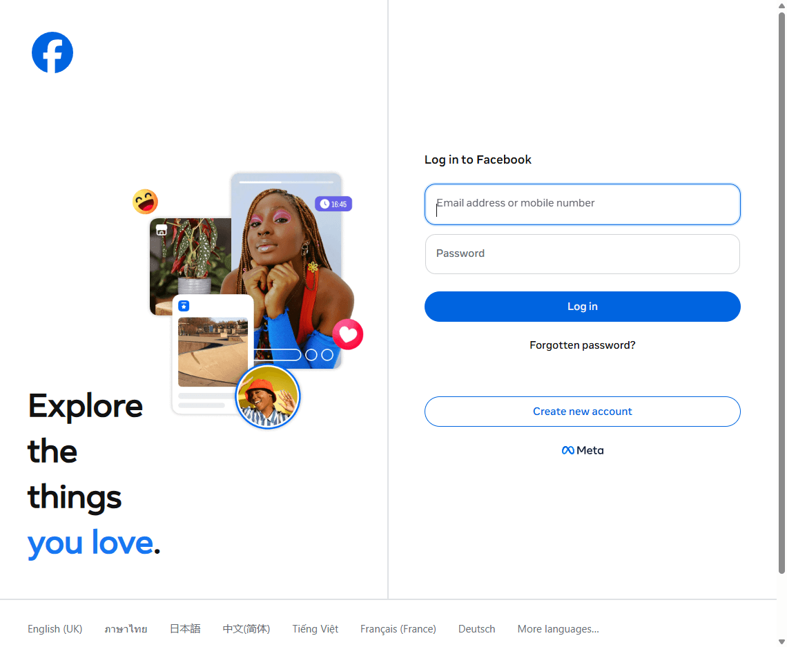 Facebook homepage screenshot showing the login form, create account button, and social networking message.