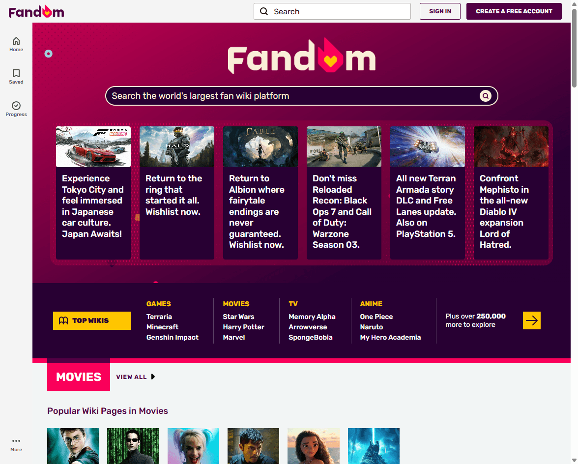 Fandom homepage screenshot showing the fan wiki network homepage and entertainment discovery interface.