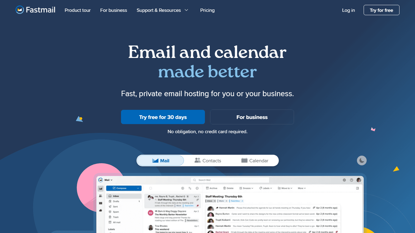 Fastmail homepage screenshot of the official website interface