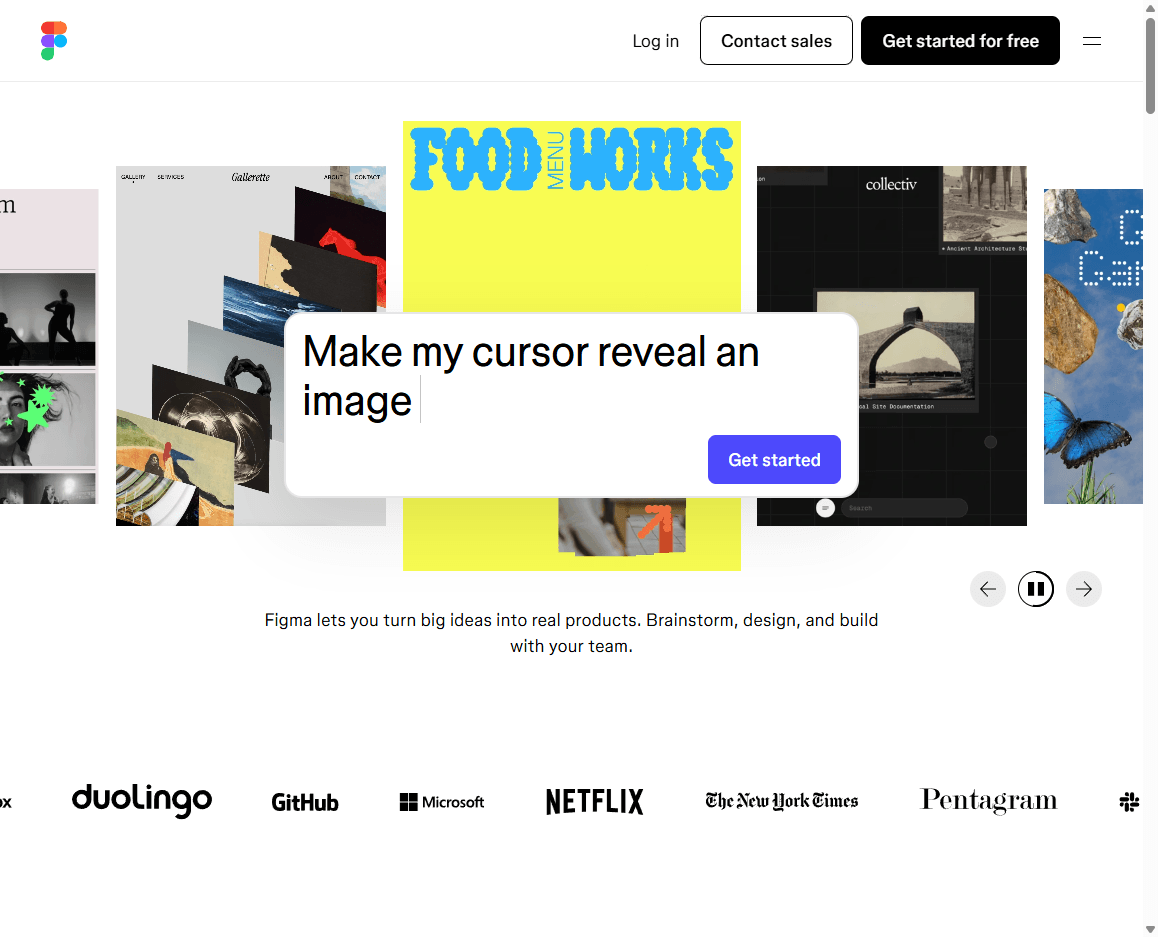 Figma homepage screenshot showing the design platform hero, product navigation, and collaboration message.