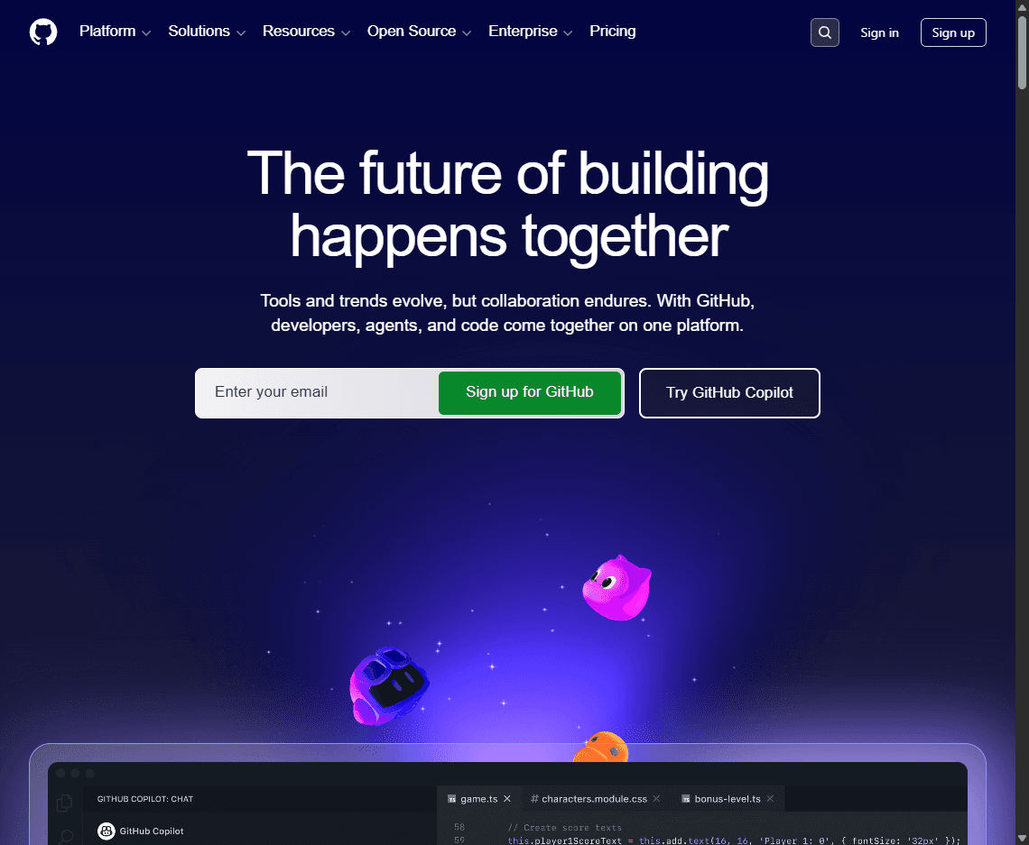 GitHub homepage screenshot showing the developer platform hero, Copilot message, navigation, and sign-up controls.