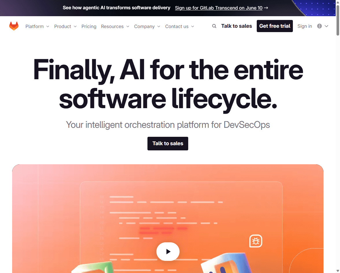 GitLab homepage screenshot showing its software development platform message and product navigation.