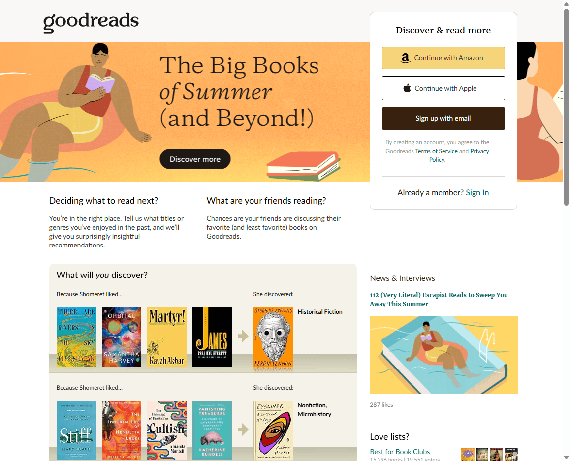 Goodreads homepage screenshot showing the book recommendation platform, sign-in controls, and reading community content.