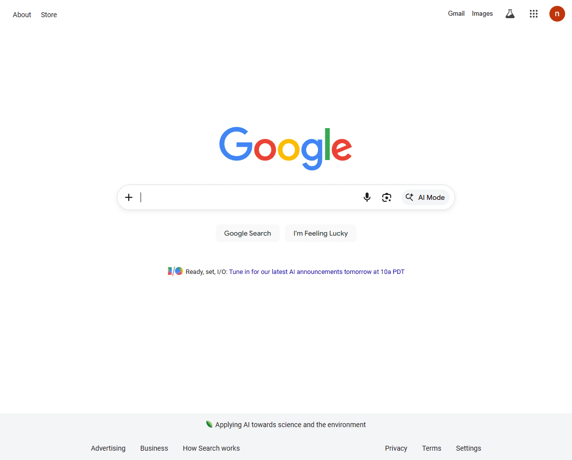 Google Search homepage screenshot showing the Google logo, search box, and shortcut buttons.