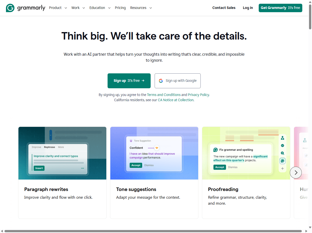 Grammarly homepage screenshot showing an AI writing assistant for grammar, tone, clarity, drafting, and communication support.