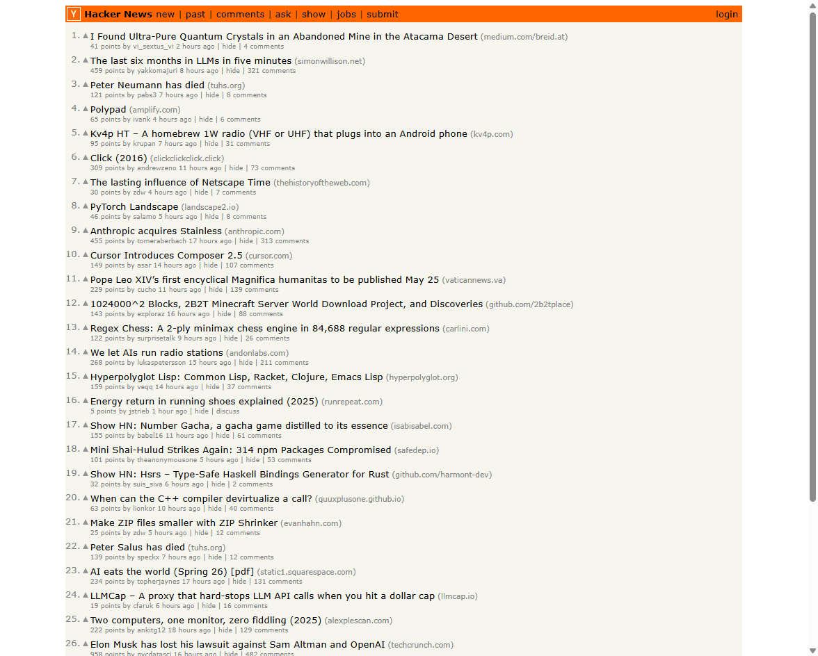 Hacker News homepage screenshot showing a ranked list of technology and startup discussion links.