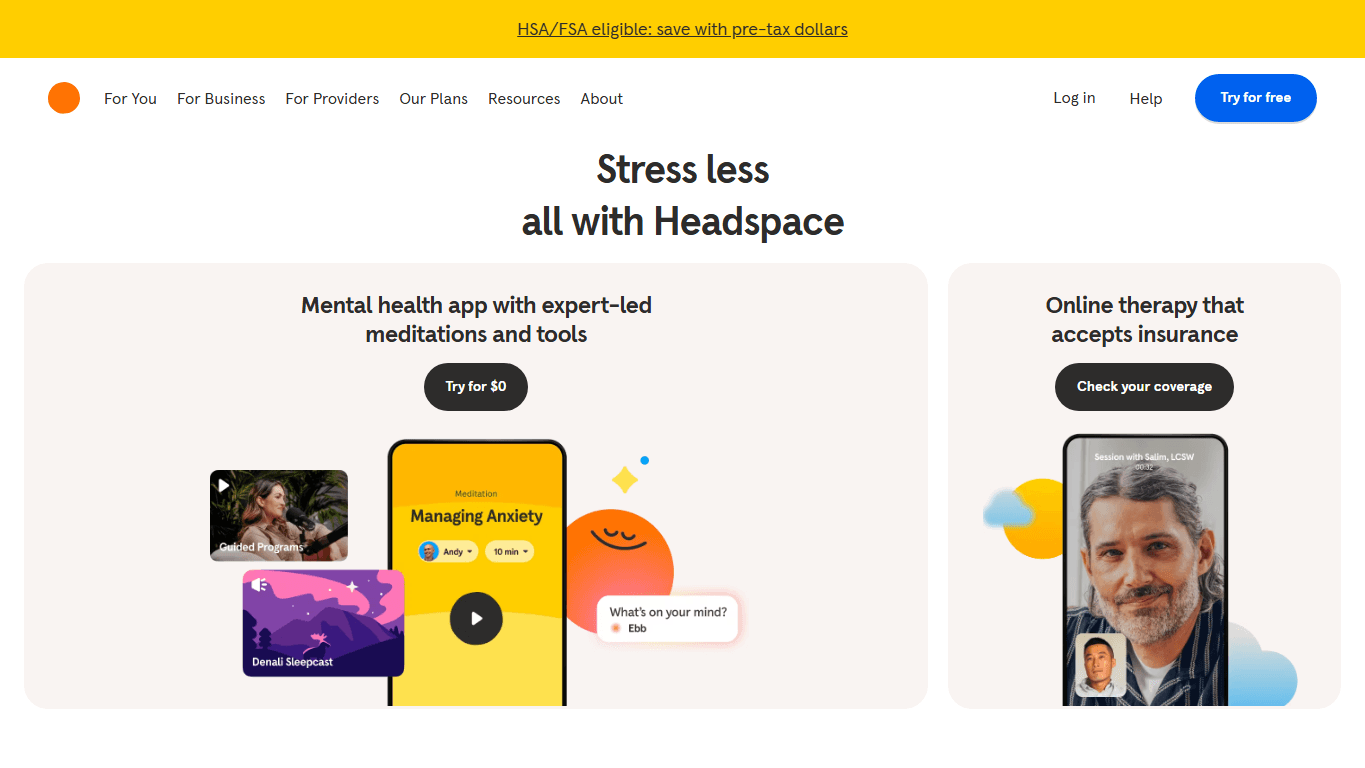 Headspace homepage screenshot of the official website interface