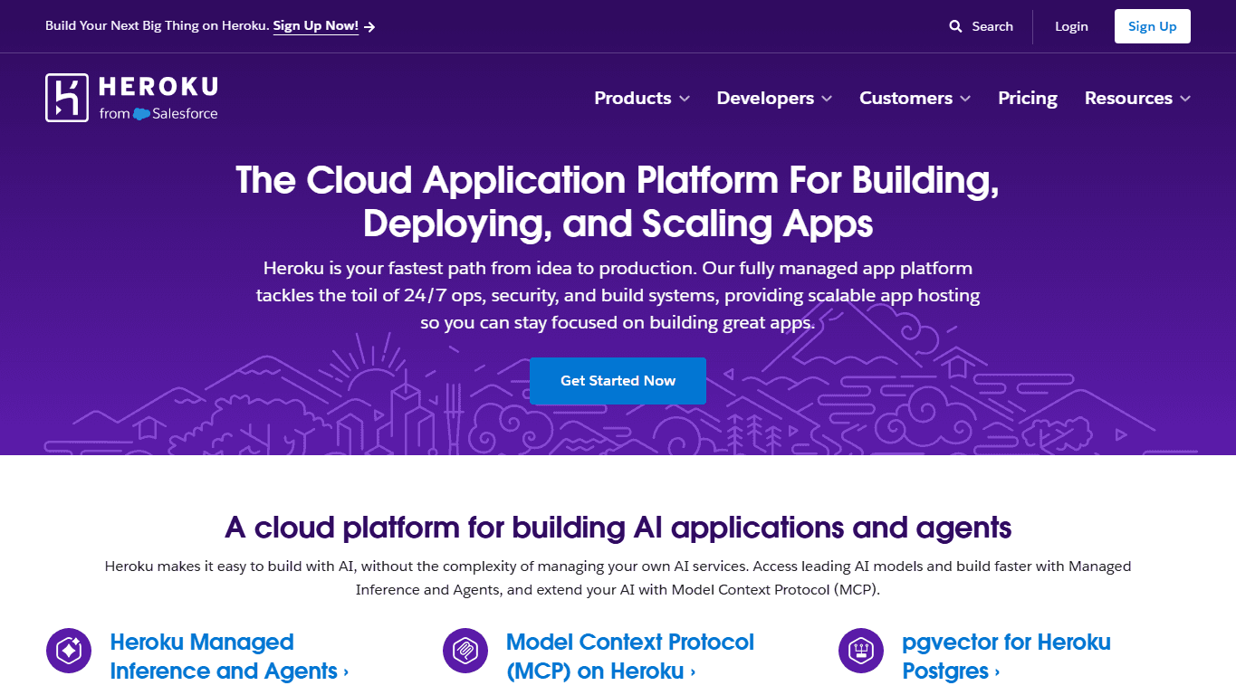 Heroku homepage screenshot of the official website interface