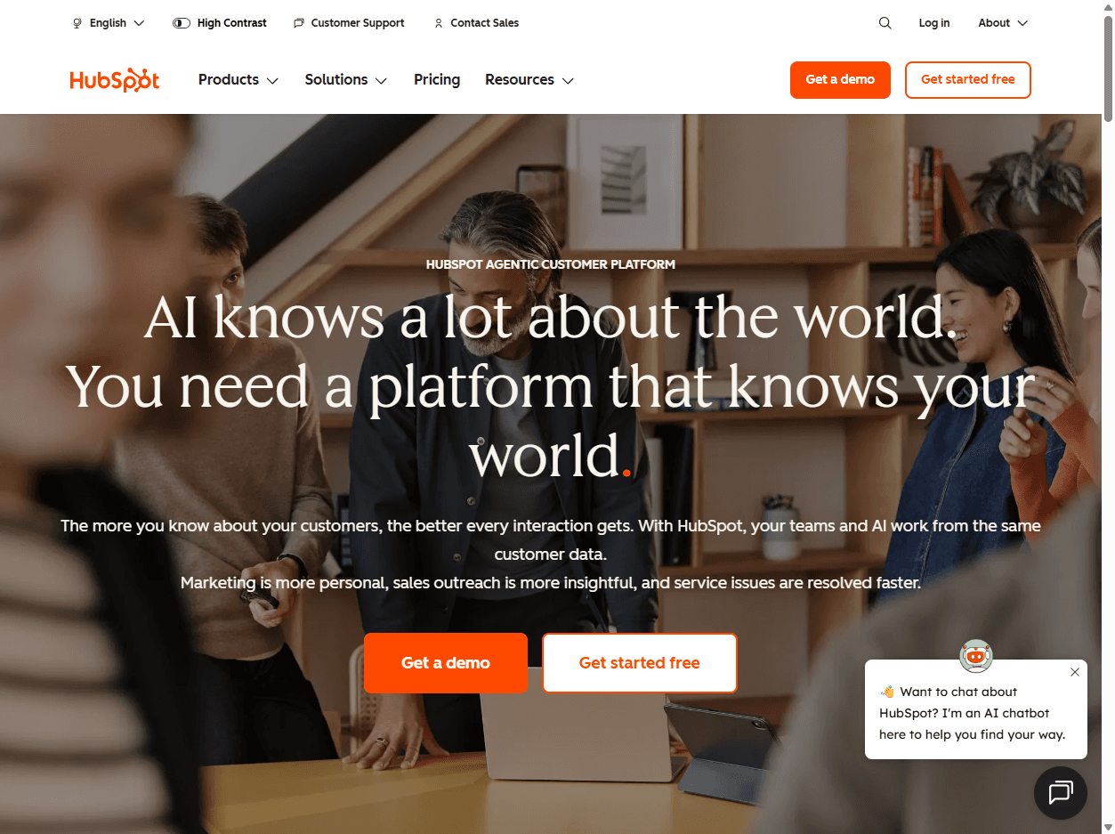 HubSpot homepage screenshot showing customer platform messaging for CRM, marketing, sales, service, content, and operations tools.