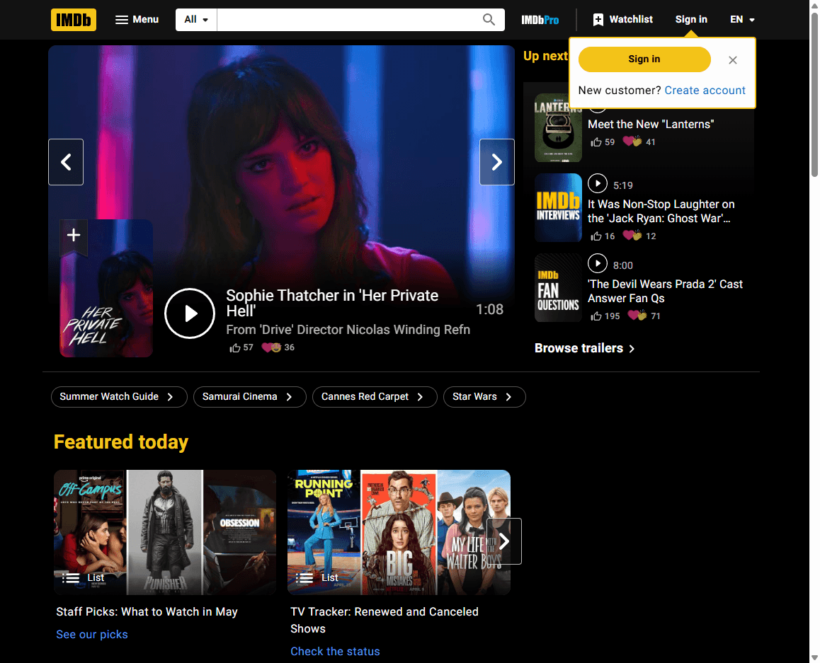 IMDb homepage screenshot showing the movie database interface, search bar, navigation, and featured entertainment content.