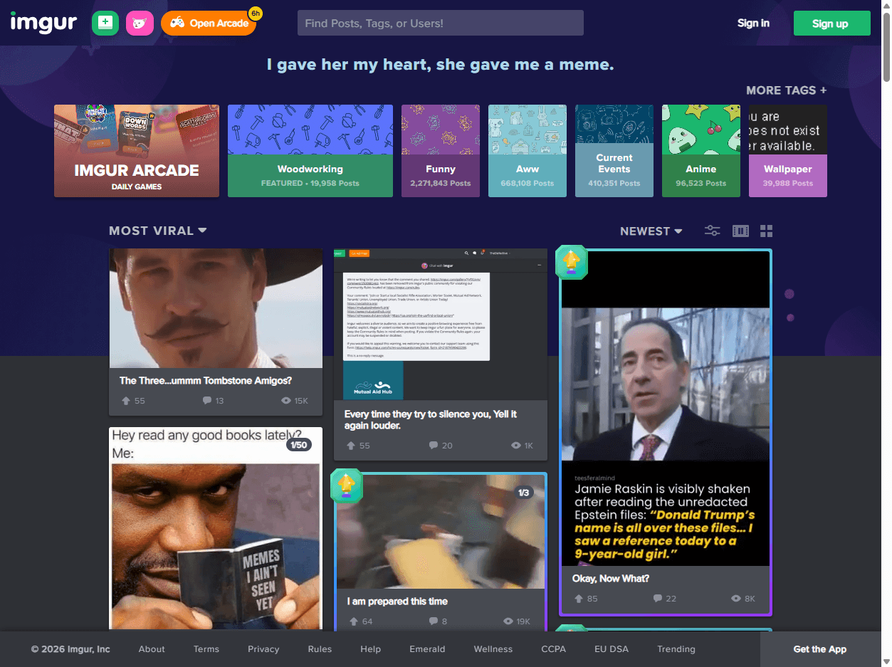 Imgur homepage screenshot showing image sharing, memes, viral posts, community galleries, and visual entertainment browsing.