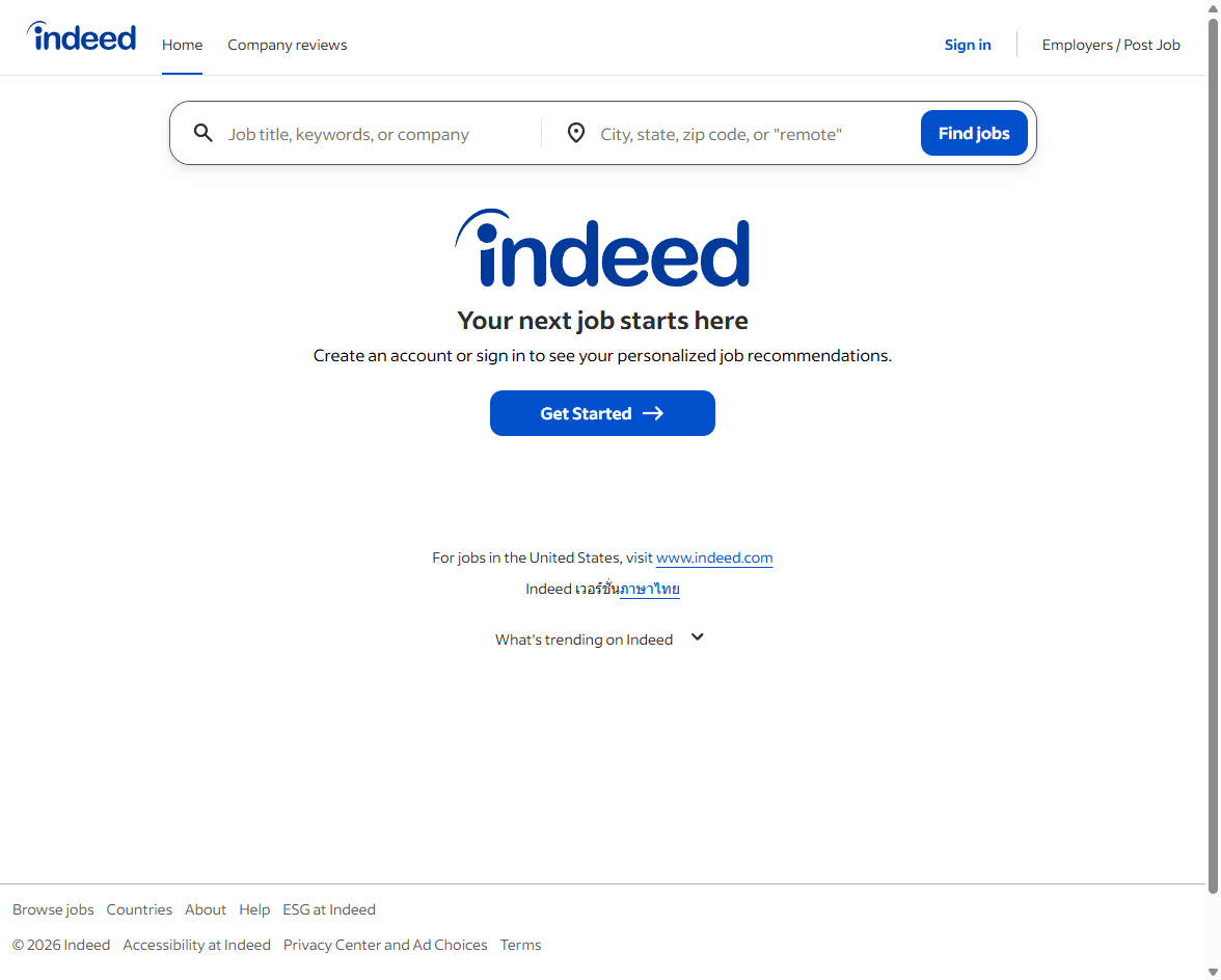 Indeed homepage screenshot showing keyword and location search fields for finding jobs.