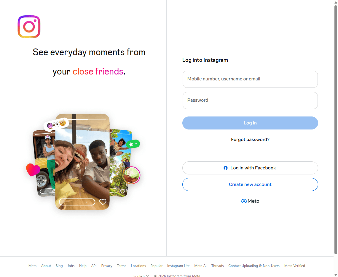 Instagram homepage screenshot showing the login and sign-up interface for the visual social network.