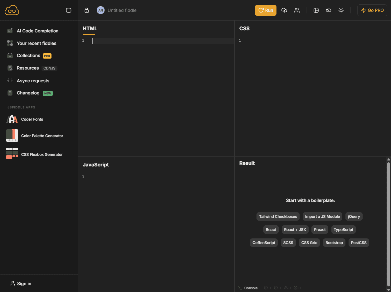 JSFiddle homepage screenshot showing an online JavaScript, HTML, and CSS playground for testing, sharing, and embedding code examples.