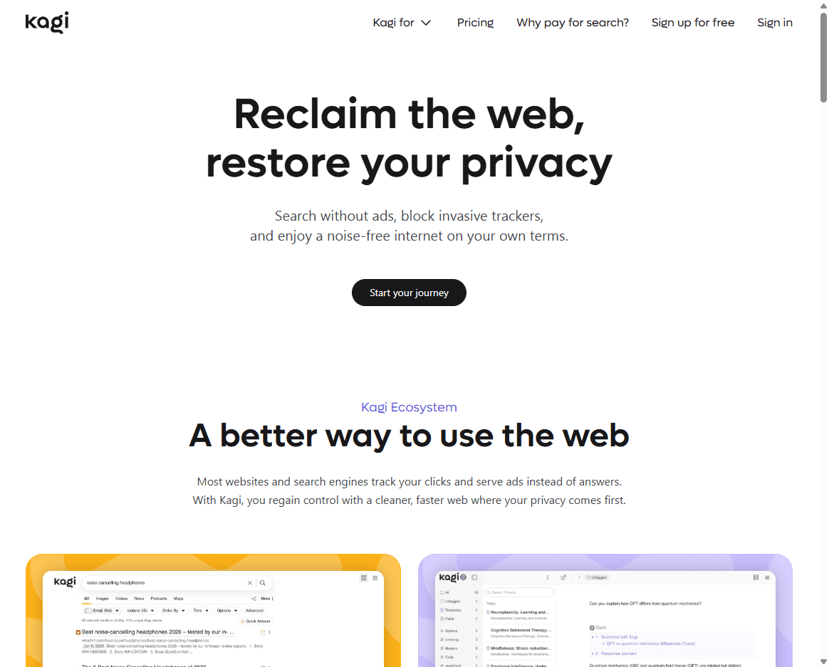 Kagi homepage screenshot showing the Kagi logo, search box, and premium search interface.