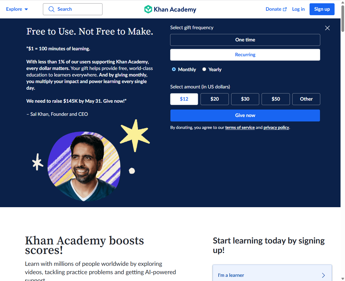 Khan Academy homepage screenshot showing the education platform hero, learner navigation, and course categories.