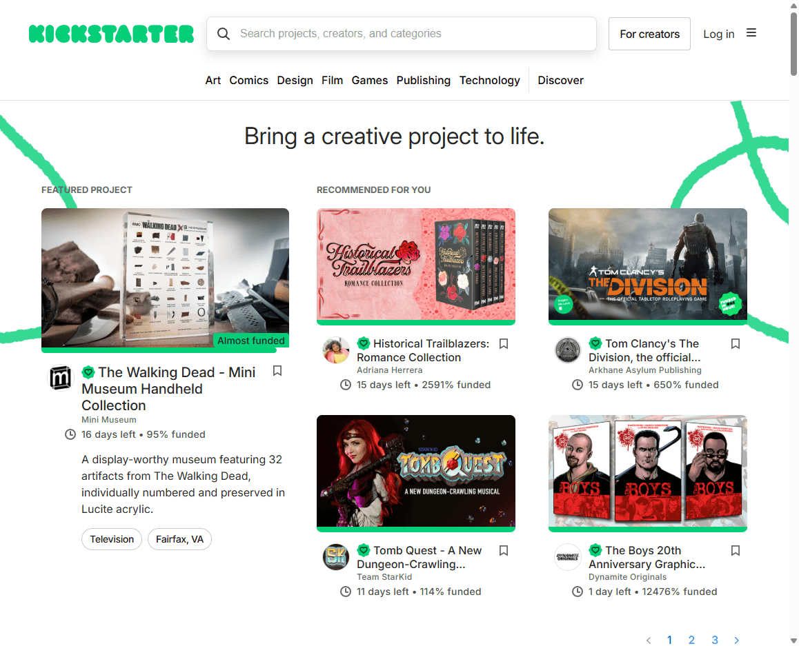 Kickstarter homepage screenshot showing the crowdfunding platform navigation, project discovery, and campaign categories.