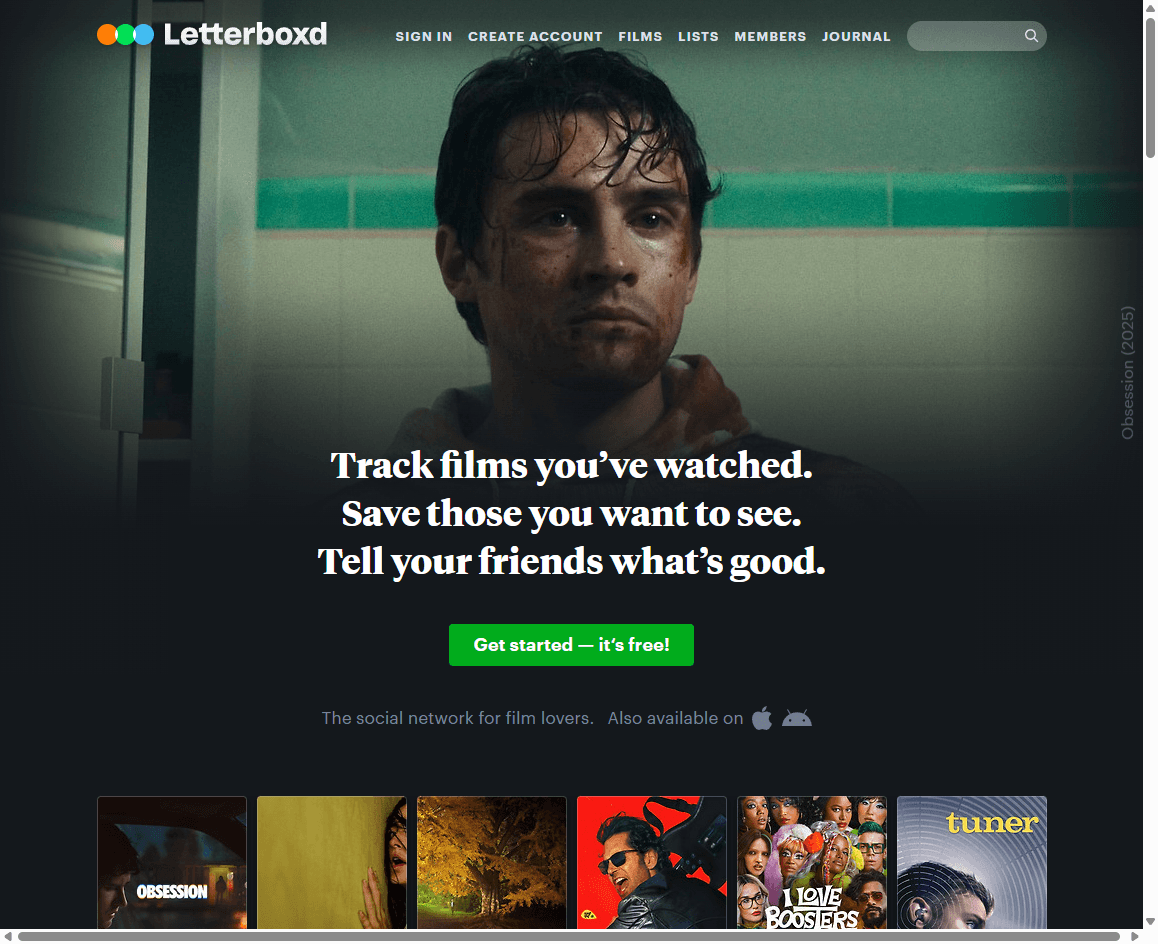 Letterboxd homepage screenshot showing the film social network, movie posters, and sign-up controls.