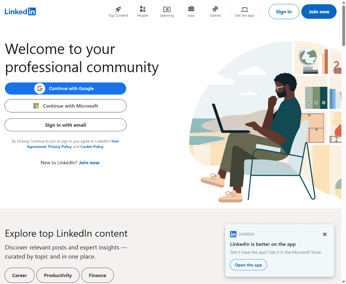 LinkedIn homepage screenshot showing the professional network login, sign-up controls, and job-focused message.