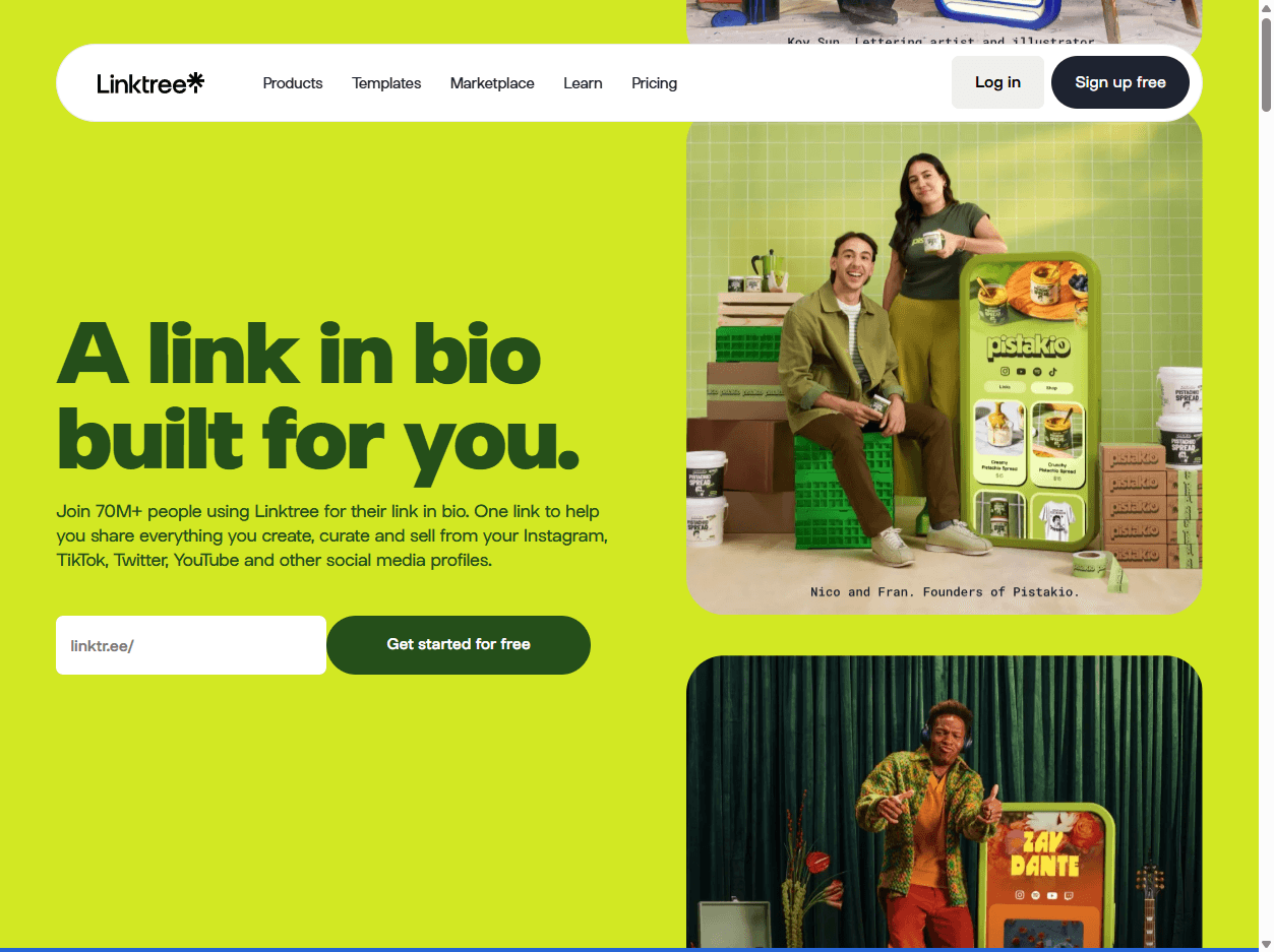 Linktree homepage screenshot showing link-in-bio page creation for creators, brands, social profiles, shops, and audience links.