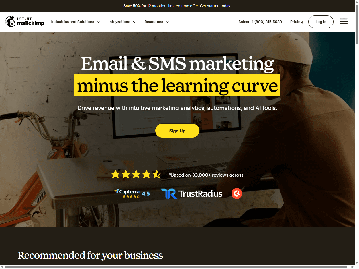 Mailchimp homepage screenshot showing marketing platform messaging for email campaigns, automation, analytics, and small-business growth.