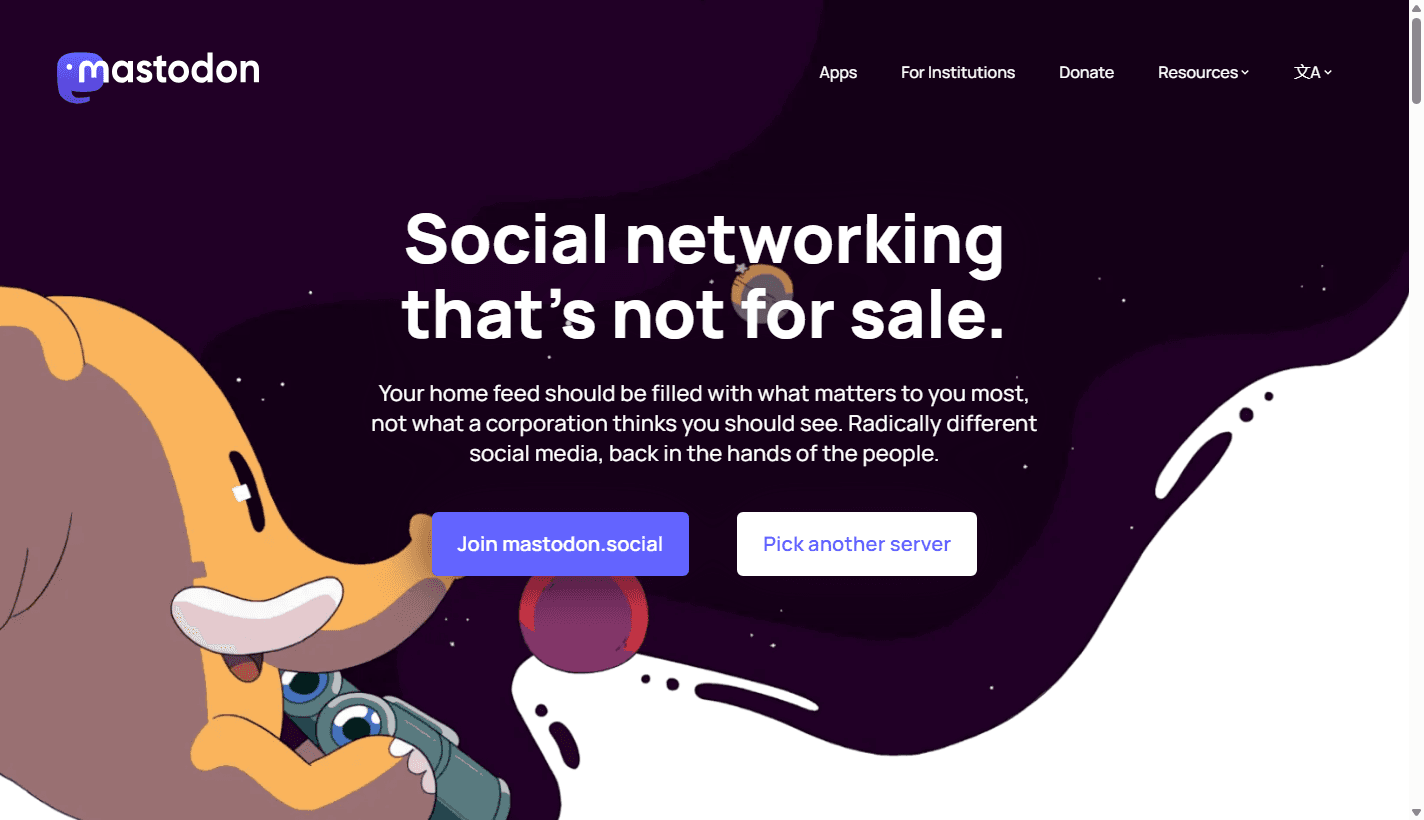 Mastodon homepage screenshot showing the not-for-sale social networking headline, join button, pick another server button, navigation links, and illustrated hero artwork.