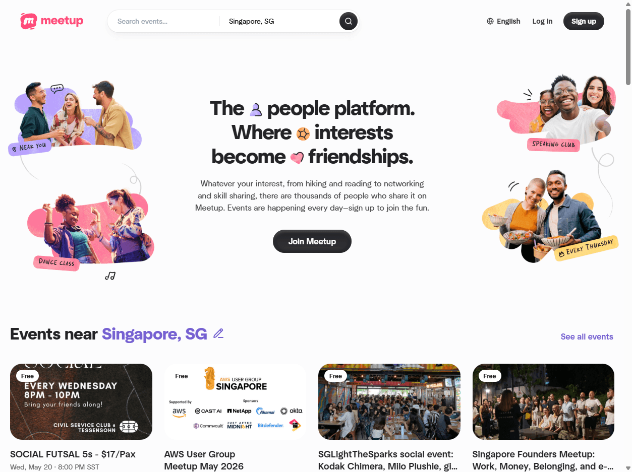 Meetup homepage screenshot showing local groups, community events, activity discovery, and tools for meeting people around shared interests.