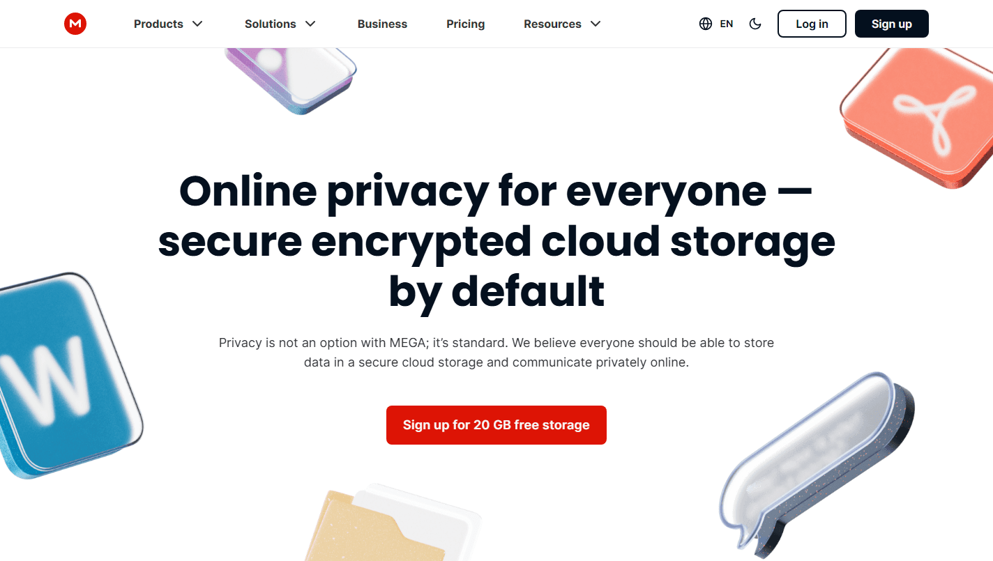 MEGA homepage screenshot showing an online privacy and secure encrypted cloud storage headline, navigation links, and sign-up button.