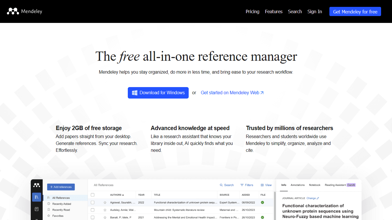 Mendeley homepage screenshot of the official website interface