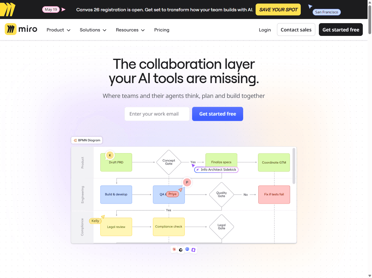 Miro homepage screenshot showing an online collaborative whiteboard for diagrams, planning, workshops, product work, and team brainstorming.